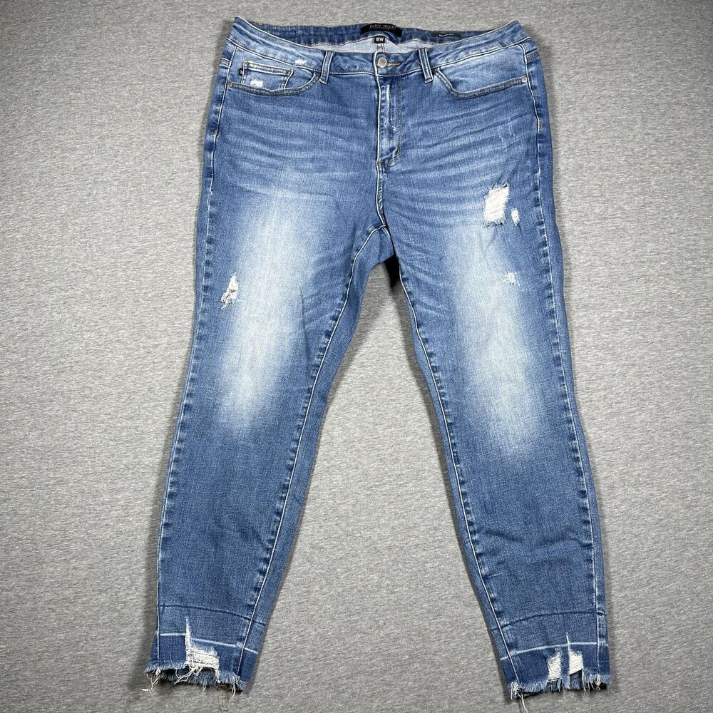 Judy Blue Skinny Fit Jeans Womens 18W Blue High Rise Distressed Crop Fringe